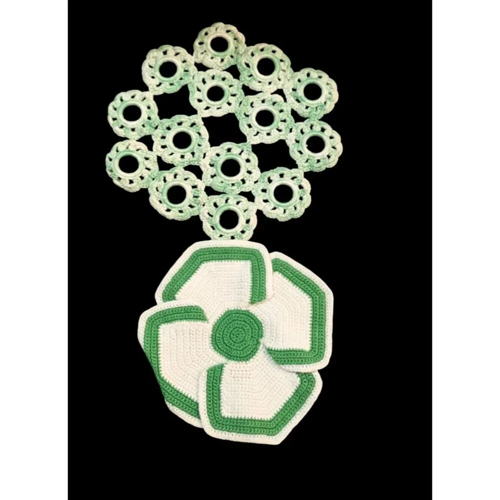 Green & White Vintage Crochet Doilies Handmade Floral Set Of 2 Two Sizes Pre-Own